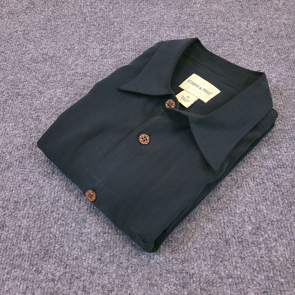 Joseph Feiss Silk Shirt Sz Medium Button Up Black Vertical Tonal Striped Stitch